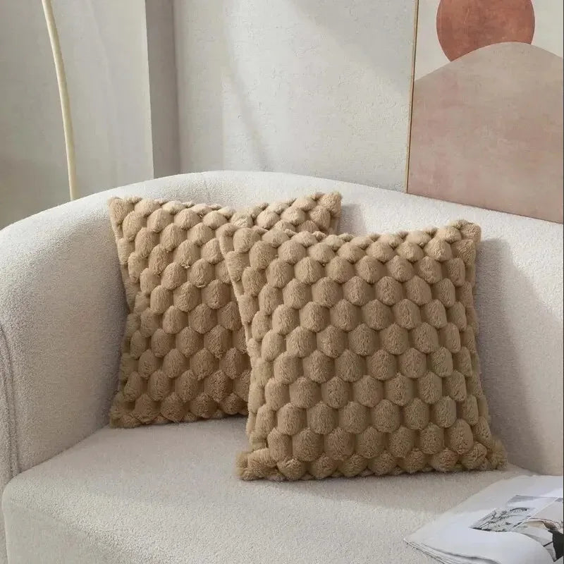 Cream White 3D Plush Pillowcase with Turtle & Grid Pattern
