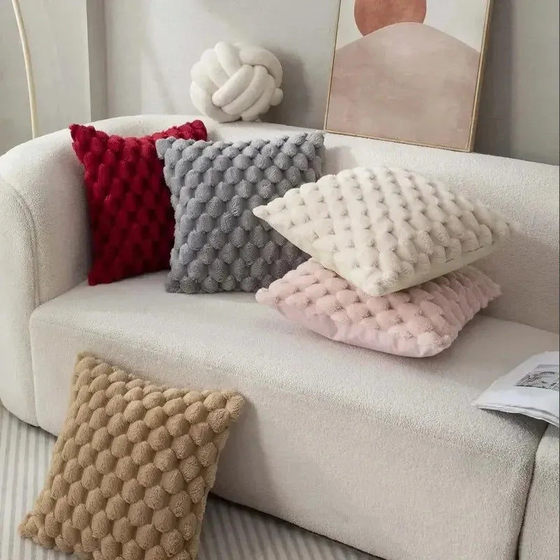 Cream White 3D Plush Pillowcase with Turtle & Grid Pattern