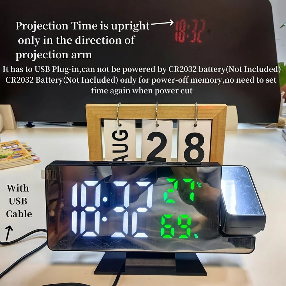 180° Arm Digital Alarm Clock with Temperature, Humidity, Night Mode, Snooze, 12/24H, and USB Plug-in