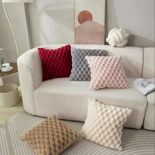 Cream White 3D Plush Pillowcase with Turtle & Grid Pattern