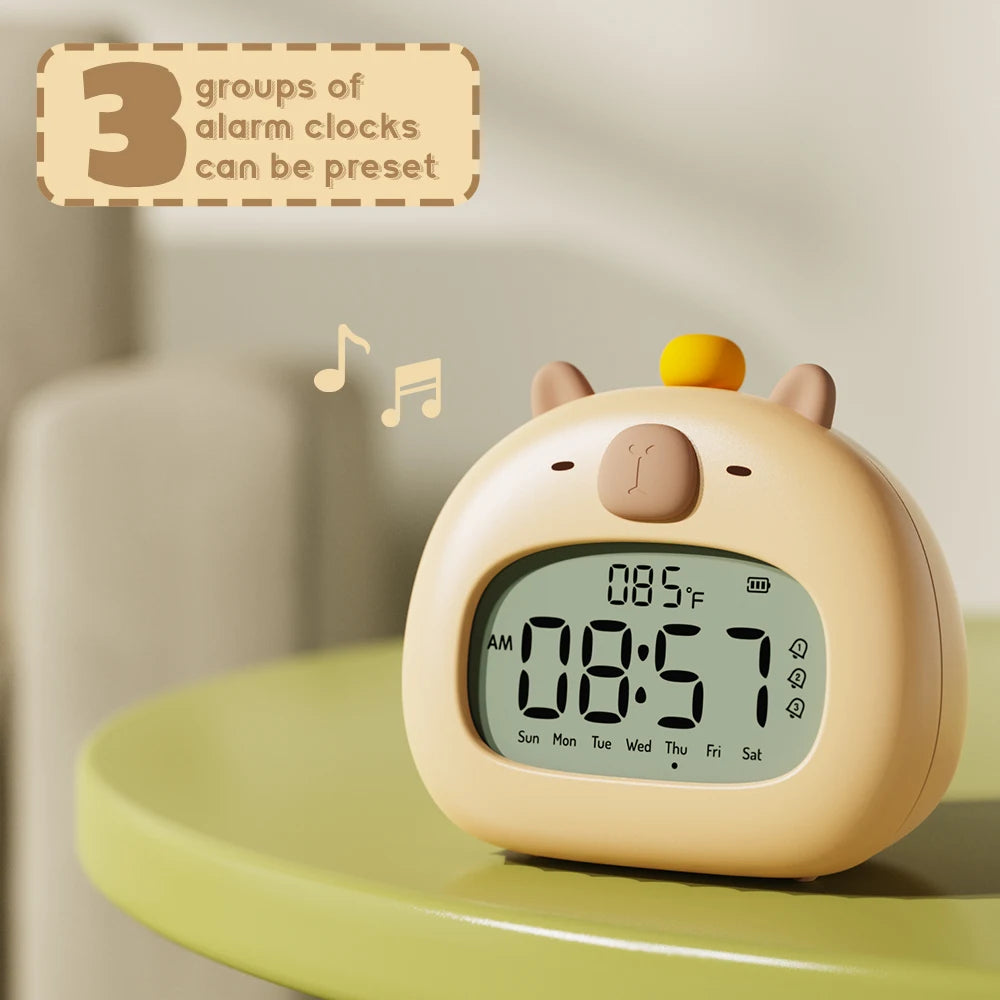 Digital LED Alarm Clock with Capybara Design, Temperature Display, and Rechargeable Battery