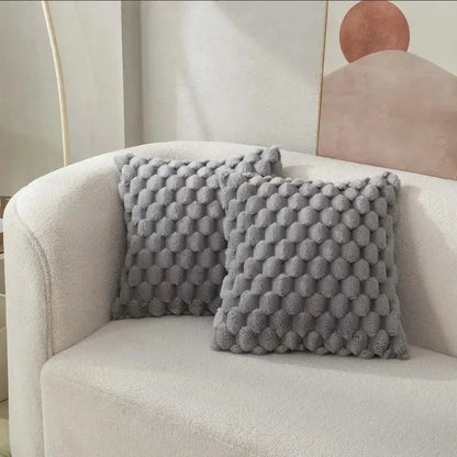 Cream White 3D Plush Pillowcase with Turtle & Grid Pattern