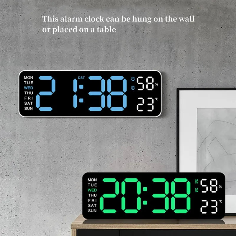 USB-Powered 9-Inch Digital Wall Clock with Temperature, Humidity, Auto-Dimmer, and LED Alarm