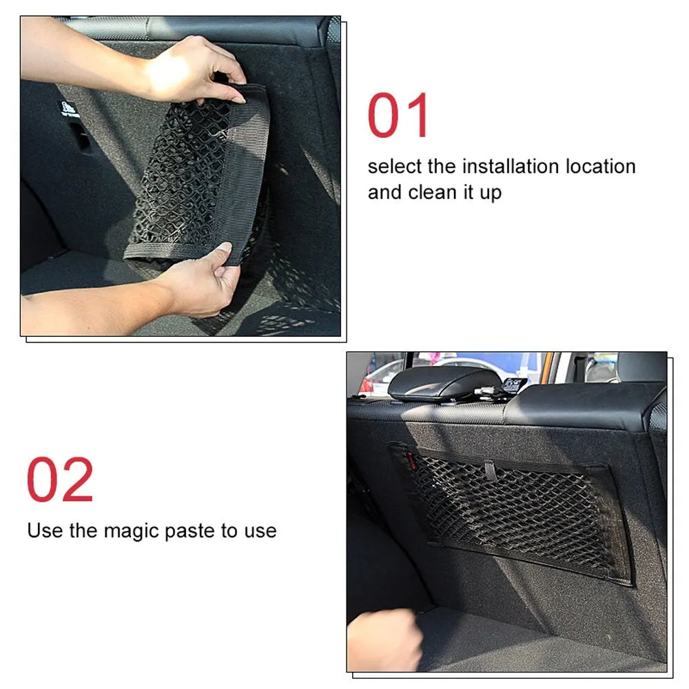 Universal Elastic Mesh Car Trunk and Seat Back Storage Net – Rear Seat Organizer with Magic Sticker Attachment