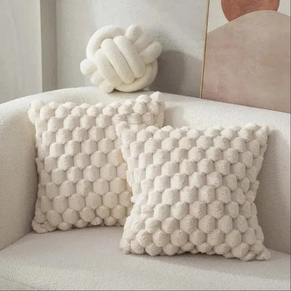 Cream White 3D Plush Pillowcase with Turtle & Grid Pattern