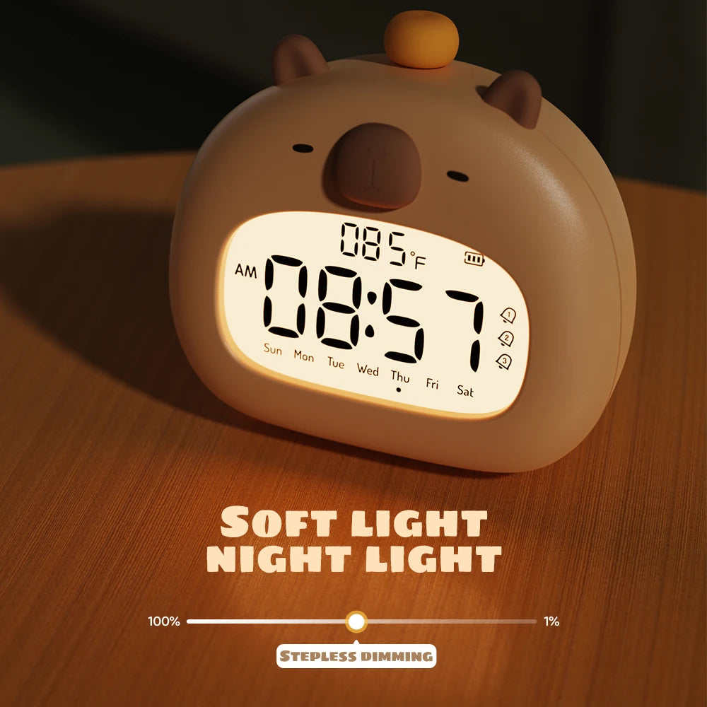 Digital LED Alarm Clock with Capybara Design, Temperature Display, and Rechargeable Battery