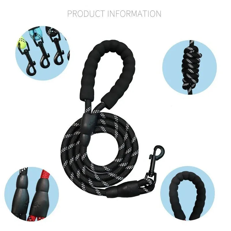 Reflective Nylon Dog Leash – Durable, Tangle-Free Design for Safe Walking Without Strangulation