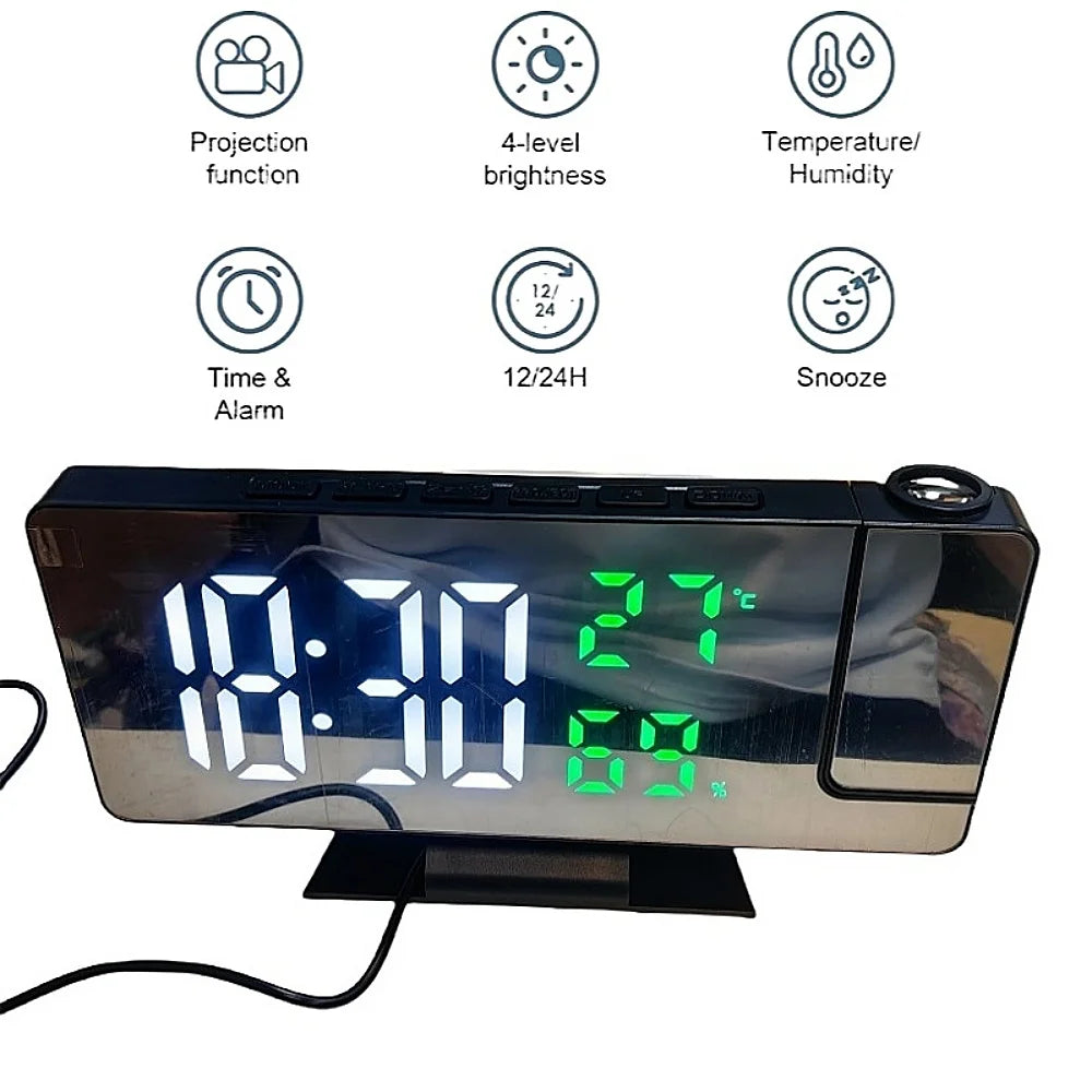 180° Arm Digital Alarm Clock with Temperature, Humidity, Night Mode, Snooze, 12/24H, and USB Plug-in