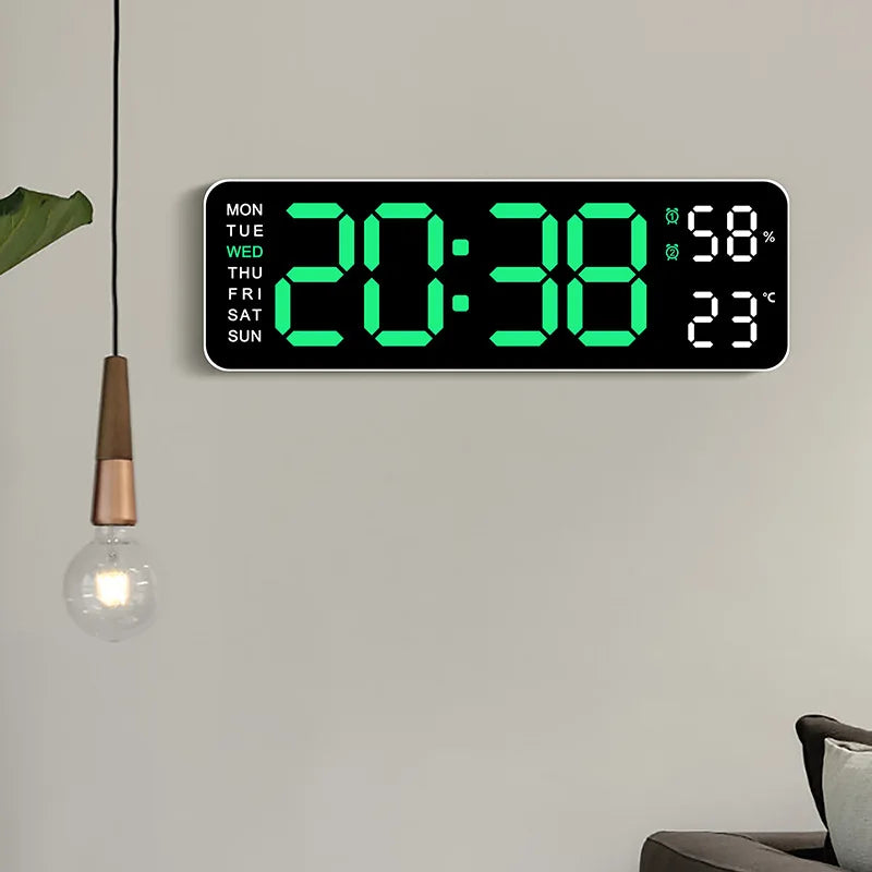 USB-Powered 9-Inch Digital Wall Clock with Temperature, Humidity, Auto-Dimmer, and LED Alarm