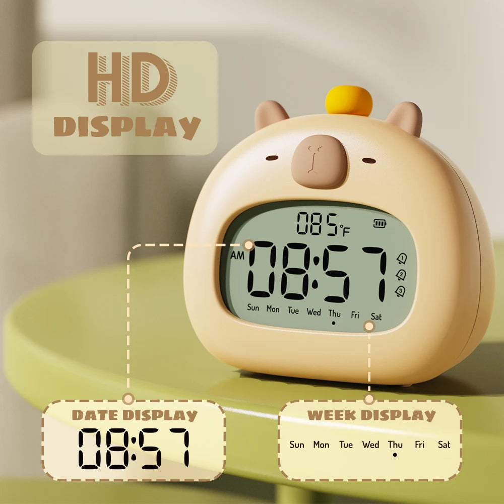 Digital LED Alarm Clock with Capybara Design, Temperature Display, and Rechargeable Battery